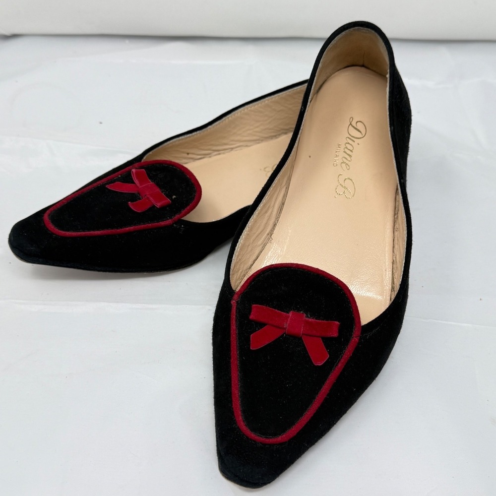 Diane B Milano Womens 37.5 Black Suede Pointed Toe Flats Red Velvet Bow Italy